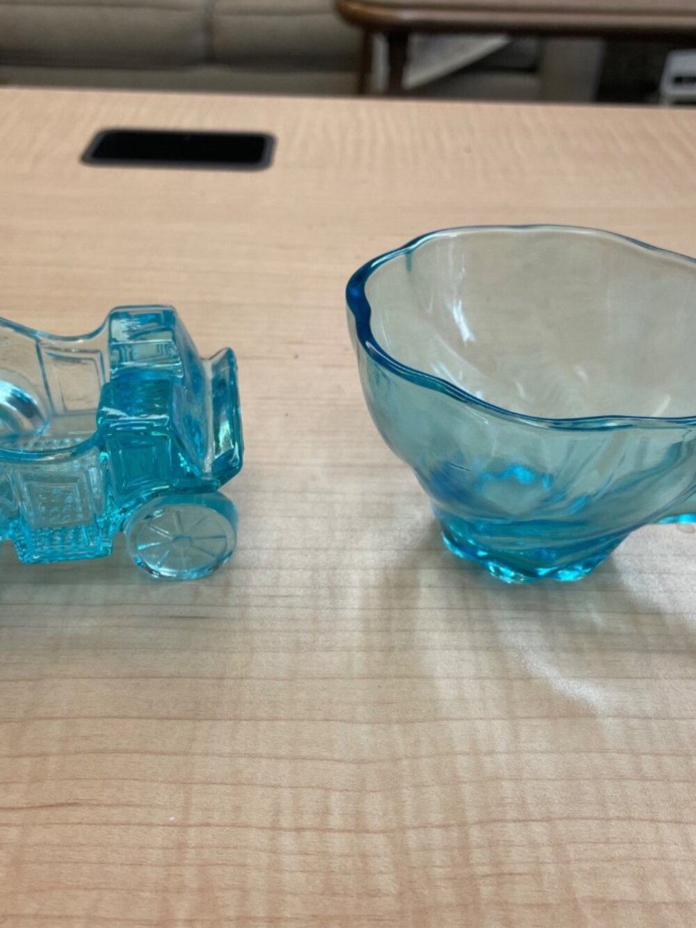 Vintage Blue Glass Lot Pressed Glass Car Novelty Dish + Scalloped Punch Cup Aqua